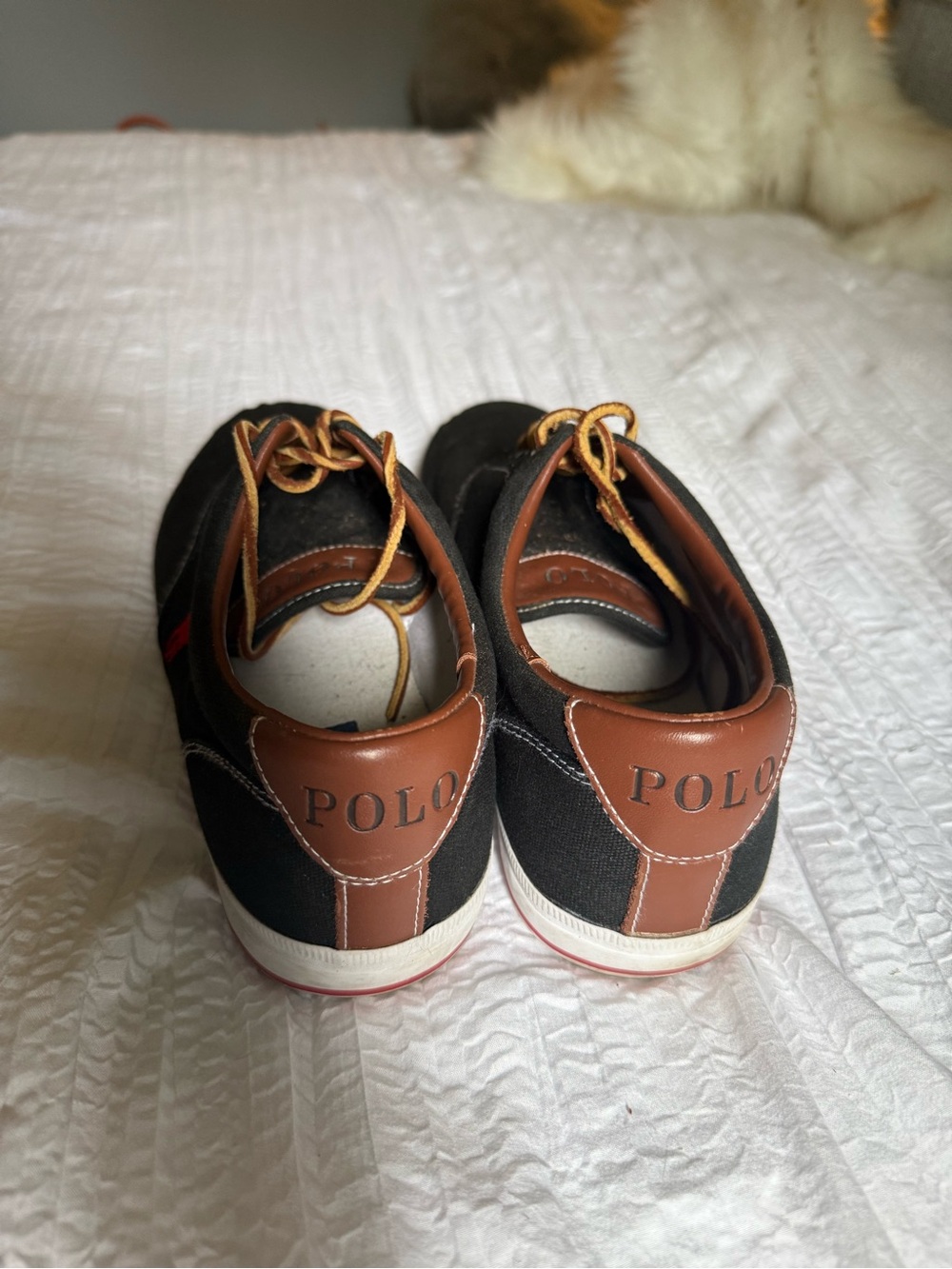 Polo by Ralph Lauren Black Canvas Sneakers with Brown Trim and Red Logo - Picture 4 of 6